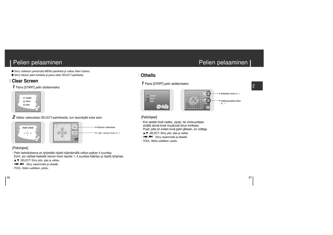 Samsung YH-J70SB/ELS manual Pelien pelaaminen, Clear Screen, Othello, Paina Start pelin aloittamiseksi 