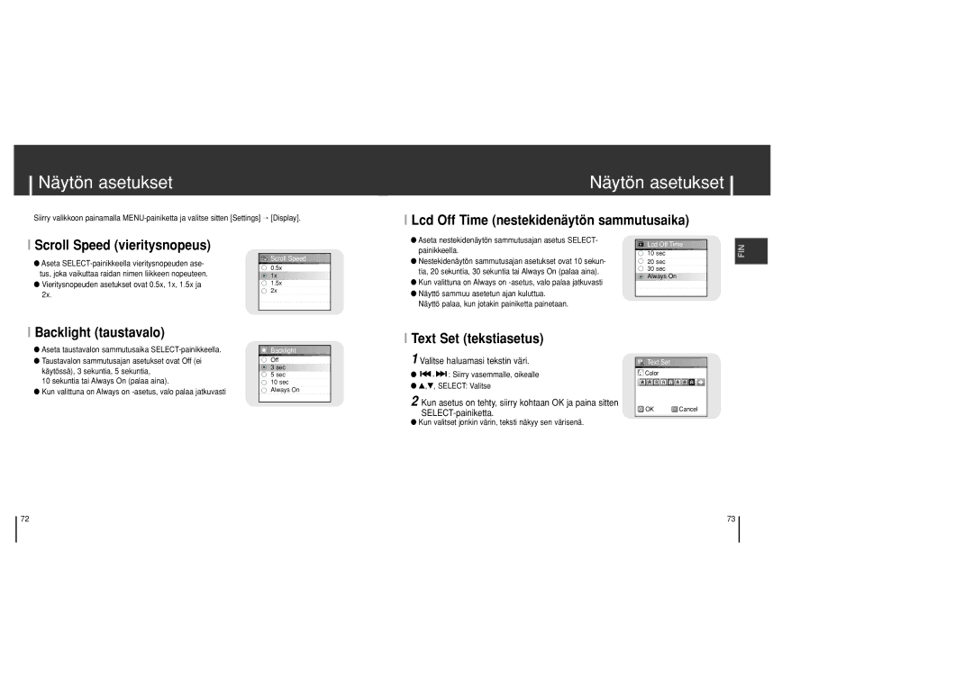 Samsung YH-J70SB/ELS manual Näytön asetukset, Backlight taustavalo, Text Set tekstiasetus, Valitse haluamasi tekstin väri 