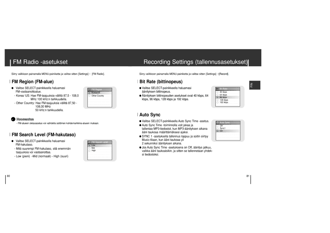 Samsung YH-J70SB/ELS manual FM Radio -asetukset, Recording Settings tallennusasetukset 