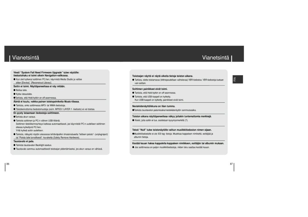 Samsung YH-J70SB/ELS manual Vianetsintä, En pysty lataamaan tiedostoja soittimeen 