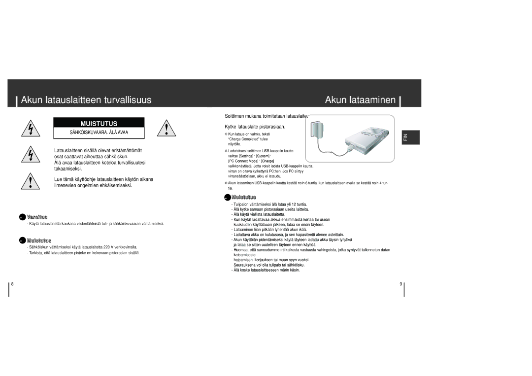 Samsung YH-J70SB/ELS manual Akun latauslaitteen turvallisuus, Akun lataaminen 