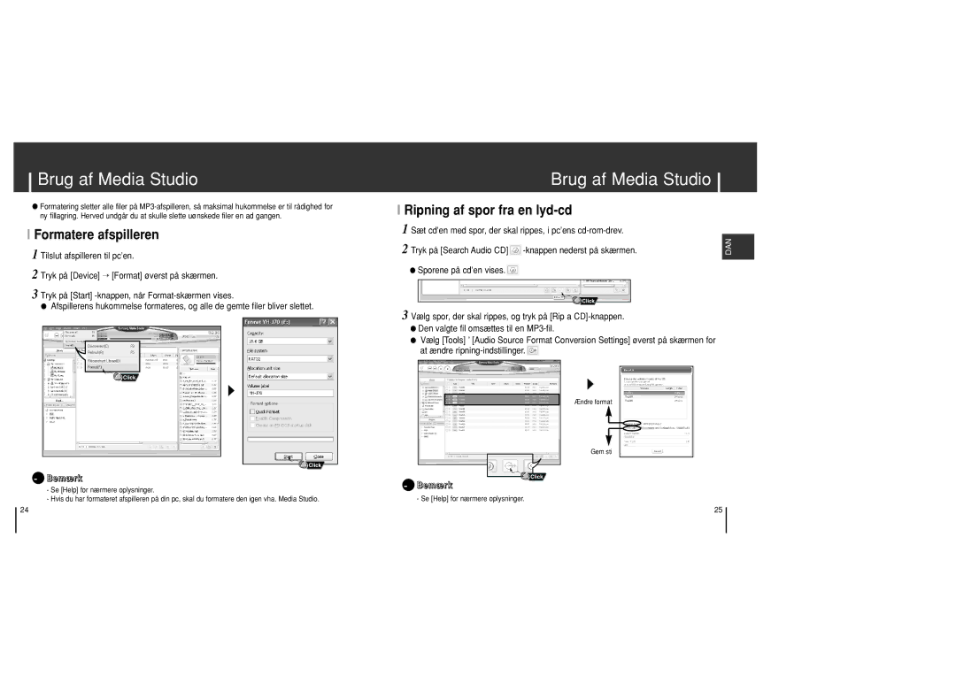 Samsung YH-J70SB/ELS manual Formatere afspilleren, Ripning af spor fra en lyd-cd 