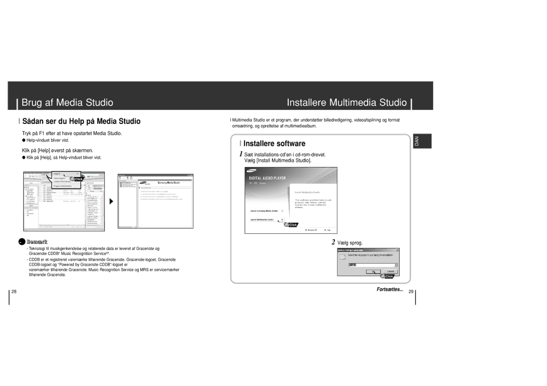 Samsung YH-J70SB/ELS manual Installere Multimedia Studio, Sådan ser du Help på Media Studio, Installere software 