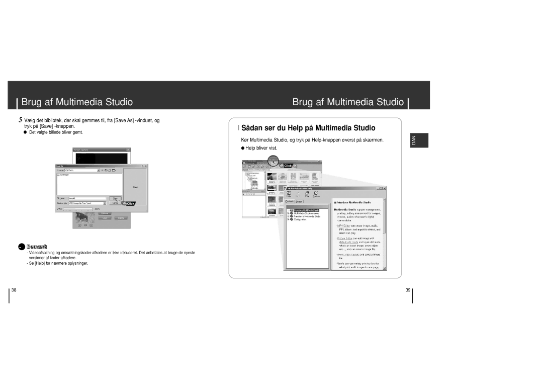 Samsung YH-J70SB/ELS manual Sådan ser du Help på Multimedia Studio, Help bliver vist 