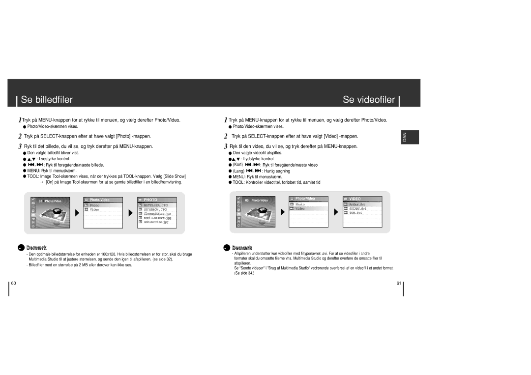 Samsung YH-J70SB/ELS manual Se billedfiler, Se videofiler, Tryk på SELECT-knappen efter at have valgt Video -mappen 