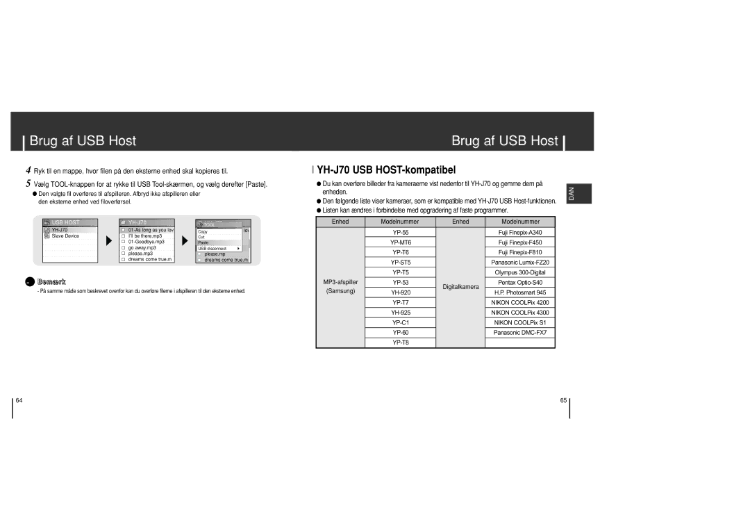 Samsung YH-J70SB/ELS manual YH-J70 USB HOST-kompatibel, USB Host 