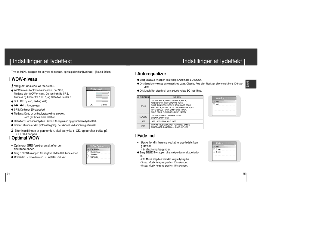 Samsung YH-J70SB/ELS manual Indstillinger af lydeffekt, WOW-niveau, Auto-equalizer, Fade ind Optimal WOW 