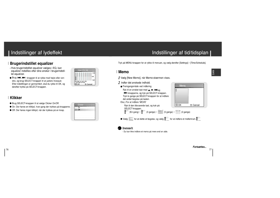 Samsung YH-J70SB/ELS manual Indstillinger af lydeffekt Indstillinger af tid/tidsplan, Brugerindstillet equalizer, Klikker 