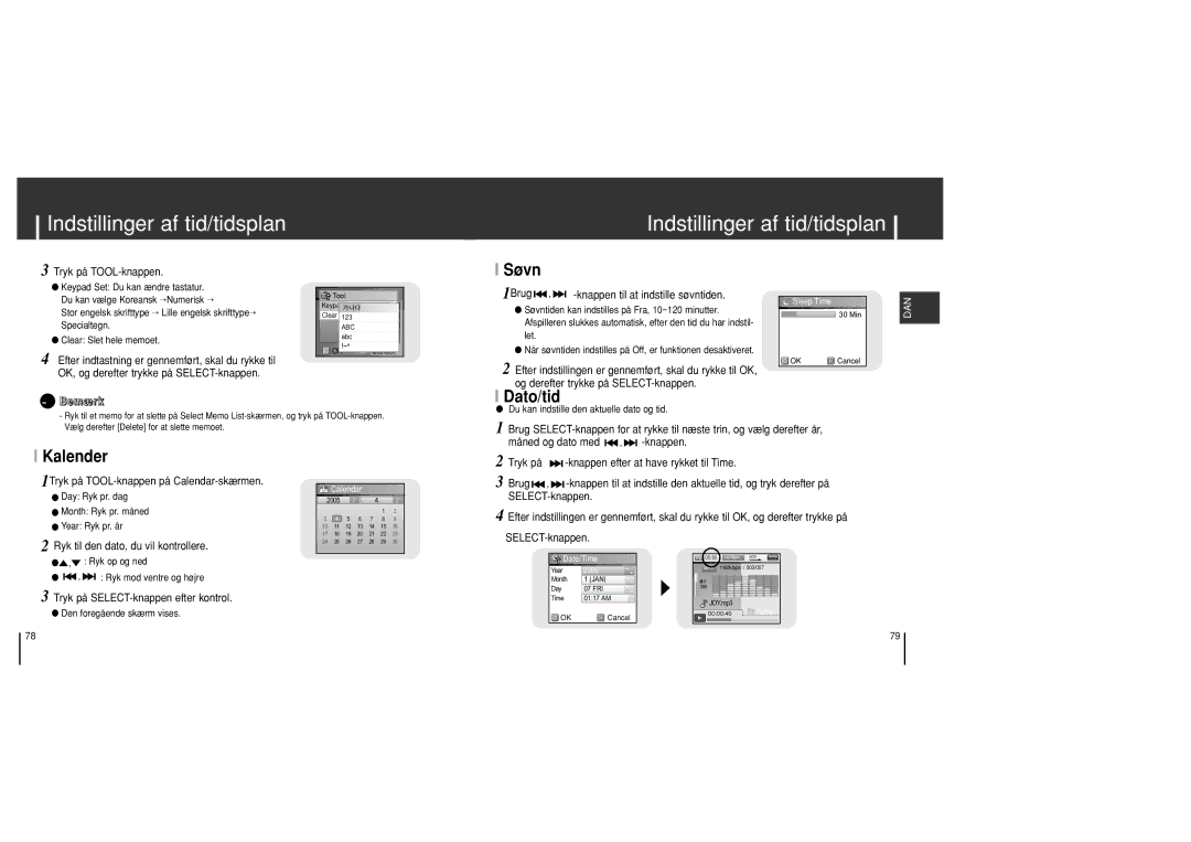 Samsung YH-J70SB/ELS manual Søvn, Dato/tid, Kalender 