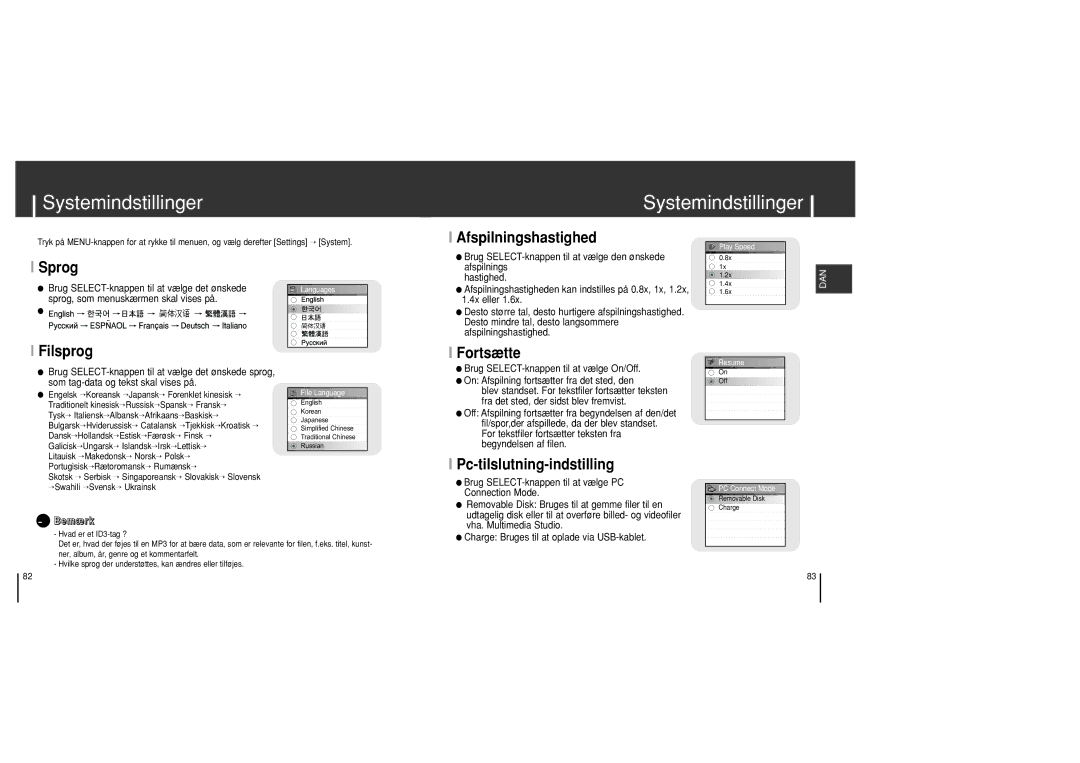 Samsung YH-J70SB/ELS manual Systemindstillinger, Sprog, Filsprog, Afspilningshastighed, Pc-tilslutning-indstilling 