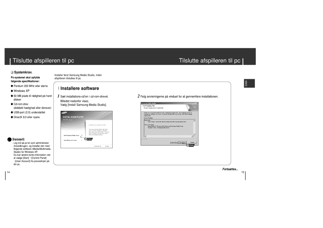 Samsung YH-J70SB/ELS manual Tilslutte afspilleren til pc, Windows XP 