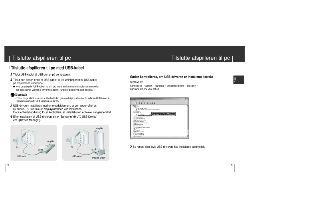 Samsung YH-J70SB/ELS manual Tilslutte afspilleren til pc med USB-kabel 