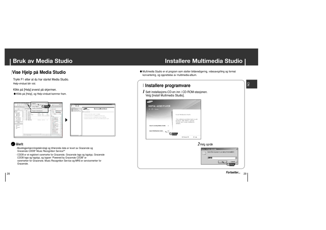 Samsung YH-J70SB/ELS manual Installere Multimedia Studio, Vise Hjelp på Media Studio, Installere programvare 