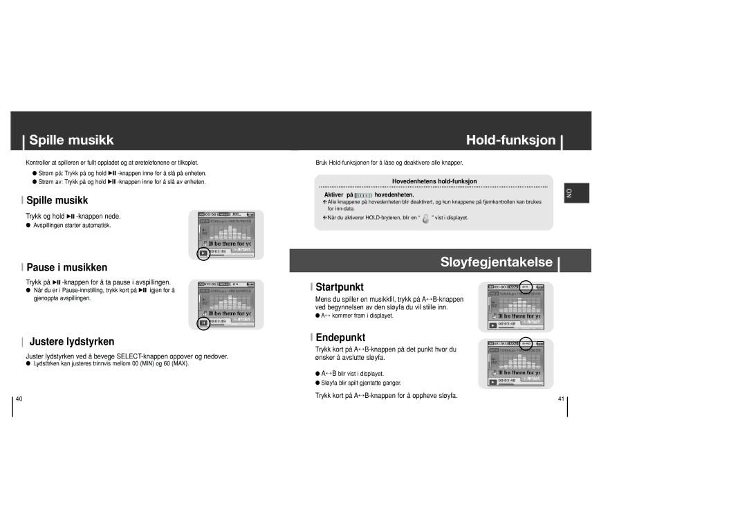 Samsung YH-J70SB/ELS manual Spille musikk, Hold-funksjon, Sløyfegjentakelse 