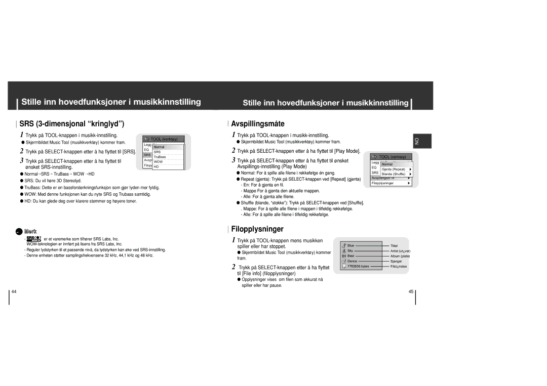 Samsung YH-J70SB/ELS manual SRS 3-dimensjonal kringlyd, Avspillingsmåte, Filopplysninger, Avspillings-innstilling Play Mode 