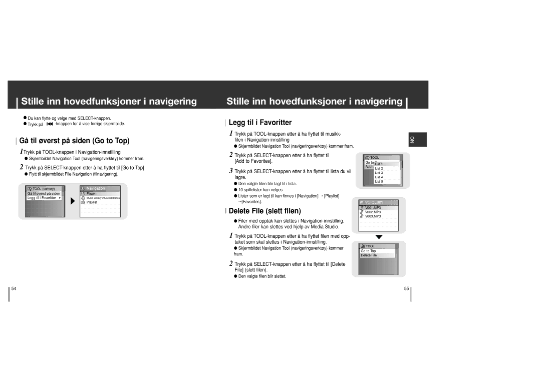 Samsung YH-J70SB/ELS manual Gå til øverst på siden Go to Top, Delete File slett filen 