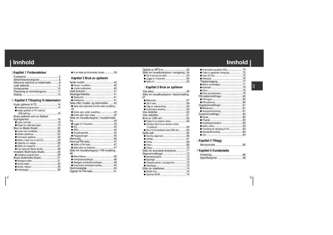 Samsung YH-J70SB/ELS manual Innhold, Kapittel 1 Forberedelser 