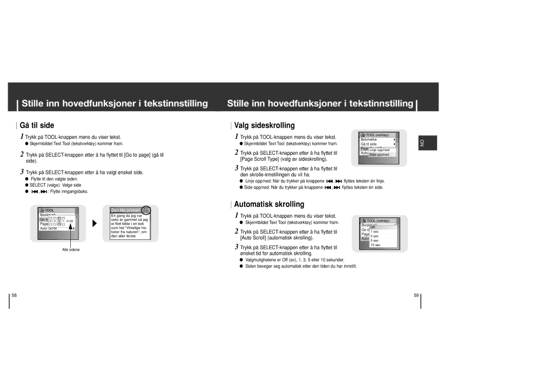 Samsung YH-J70SB/ELS manual Gå til side, Valg sideskrolling, Automatisk skrolling 