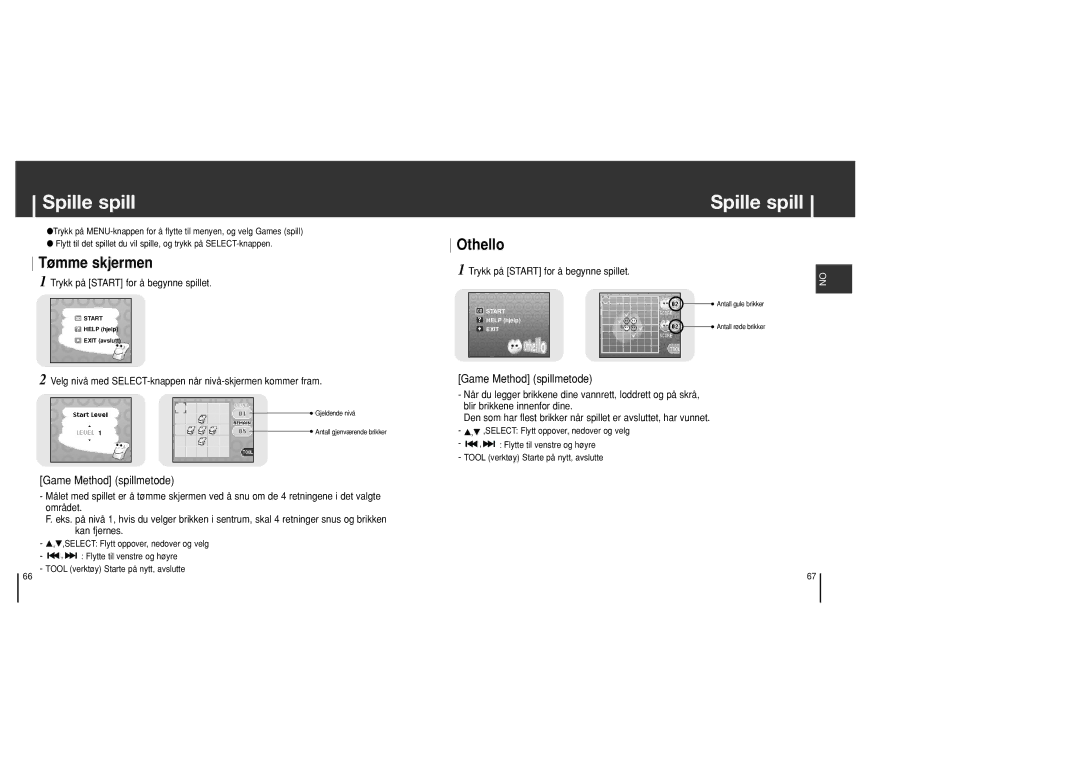 Samsung YH-J70SB/ELS manual Spille spill, Tømme skjermen, Othello, Trykk på Start for å begynne spillet 