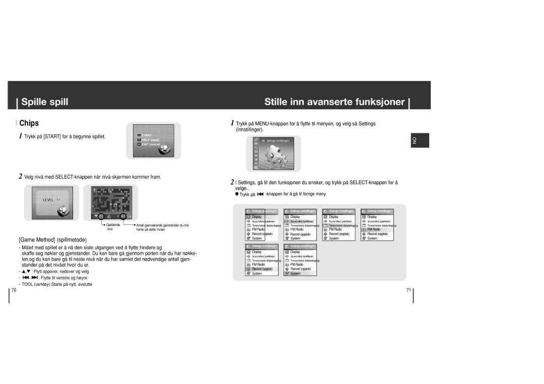 Samsung YH-J70SB/ELS manual Stille inn avanserte funksjoner, Chips 