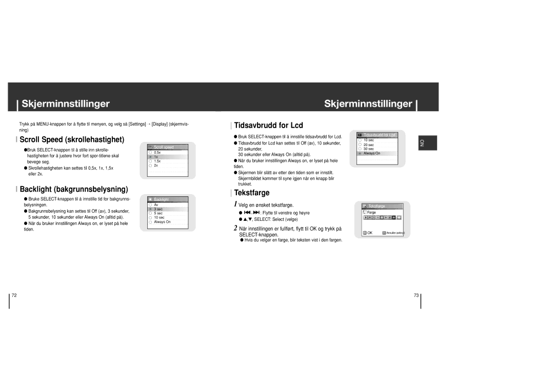 Samsung YH-J70SB/ELS Skjerminnstillinger, Scroll Speed skrollehastighet, Tidsavbrudd for Lcd, Backlight bakgrunnsbelysning 