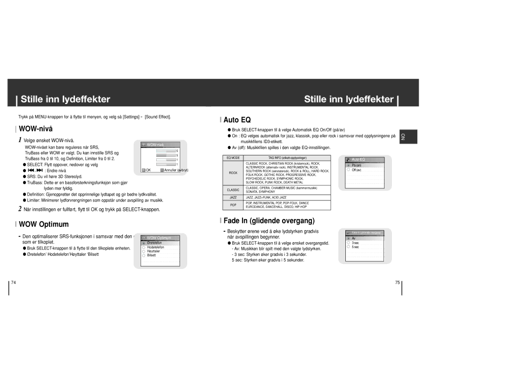 Samsung YH-J70SB/ELS manual Stille inn lydeffekter, WOW-nivå, Auto EQ, WOW Optimum, Fade In glidende overgang 