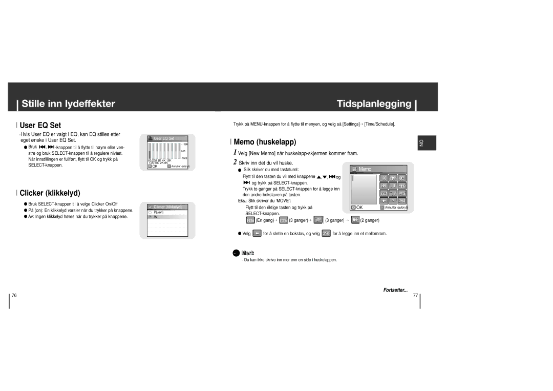 Samsung YH-J70SB/ELS manual Tidsplanlegging, User EQ Set, Clicker klikkelyd 