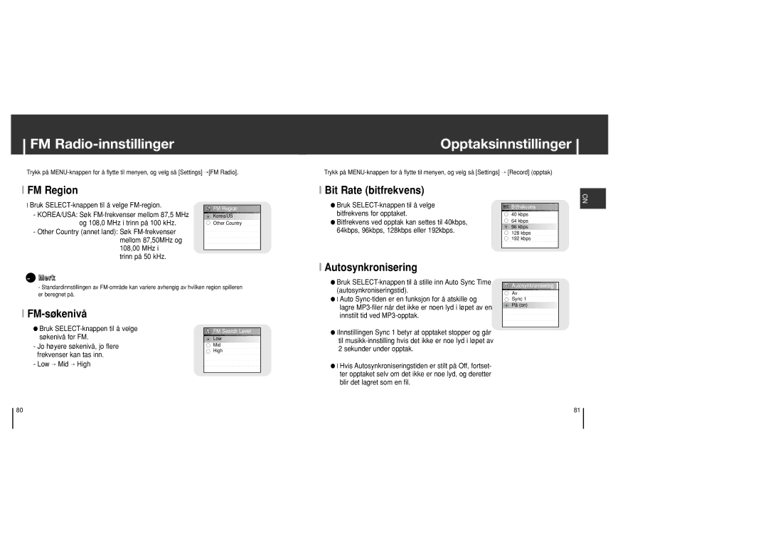 Samsung YH-J70SB/ELS manual FM Radio-innstillinger, Opptaksinnstillinger 