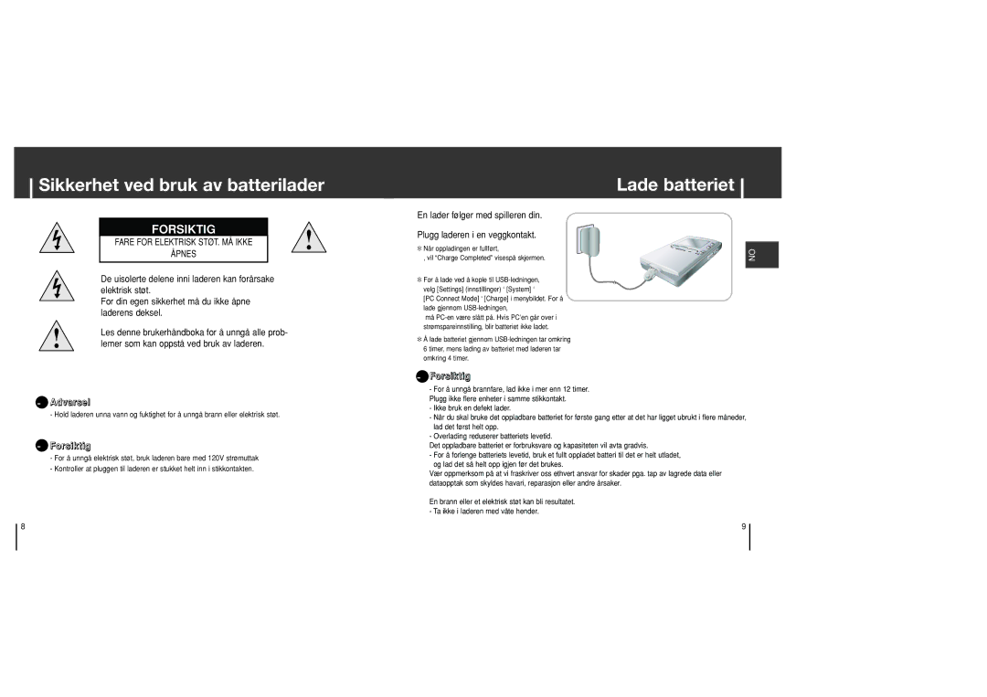 Samsung YH-J70SB/ELS manual Sikkerhet ved bruk av batterilader, Lade batteriet, Lemer som kan oppstå ved bruk av laderen 