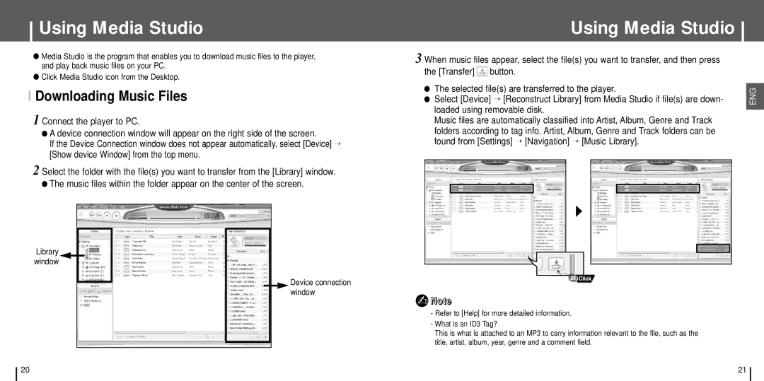 Samsung YH-J70SB/ELS, YH-J70SW/ELS manual Using Media Studio, Downloading Music Files, Transfer, Library window, Button 