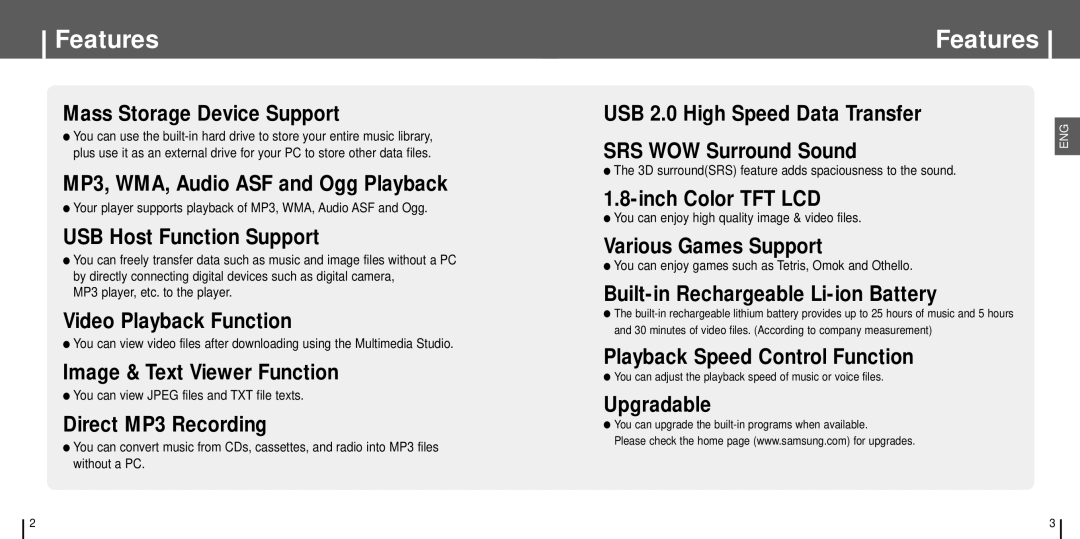 Samsung YH-J70S/ELS, YH-J70SW/ELS, YH-J70SB/ELS, YH-J70LW/ELS, YH-J70LB/ELS manual Features 