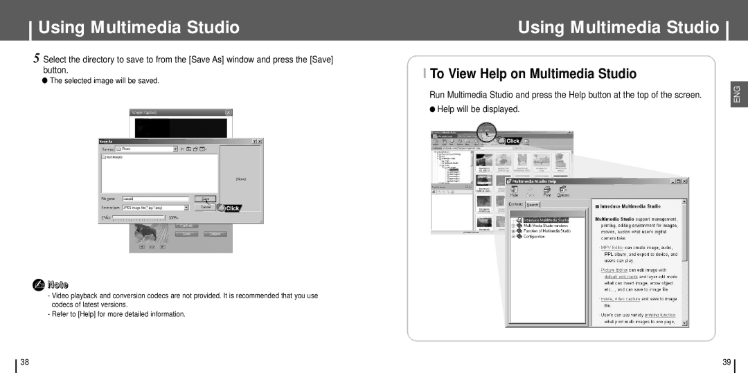 Samsung YH-J70SW/ELS, YH-J70SB/ELS, YH-J70S/ELS, YH-J70LW/ELS manual To View Help on Multimedia Studio, Help will be displayed 