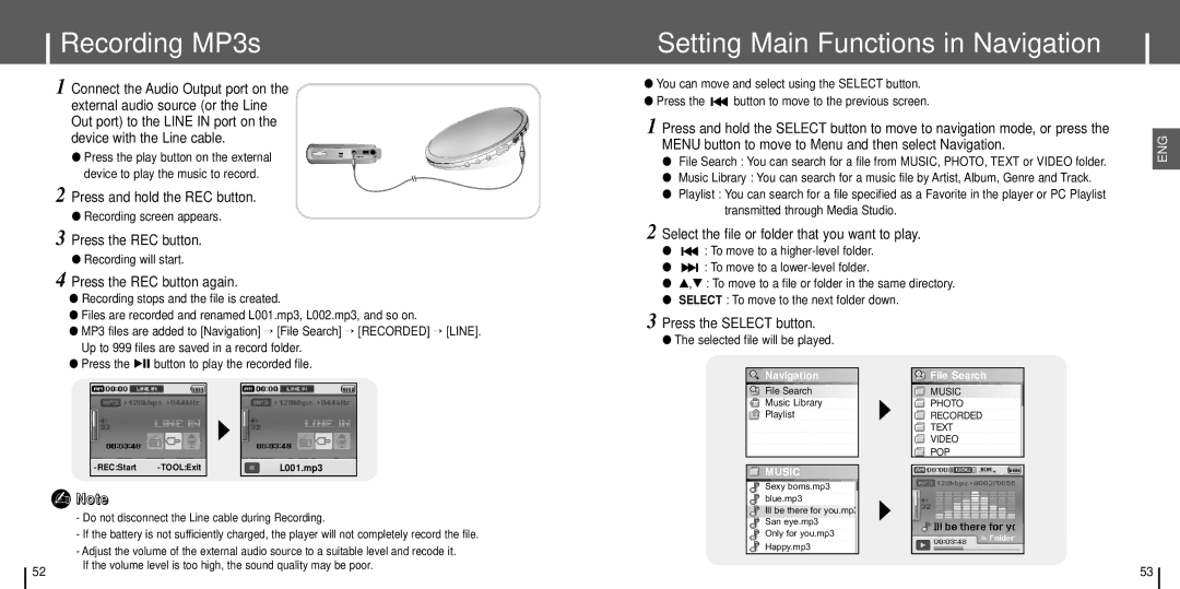 Samsung YH-J70S/ELS, YH-J70SW/ELS manual Recording MP3s, Setting Main Functions in Navigation, Press the Select button 