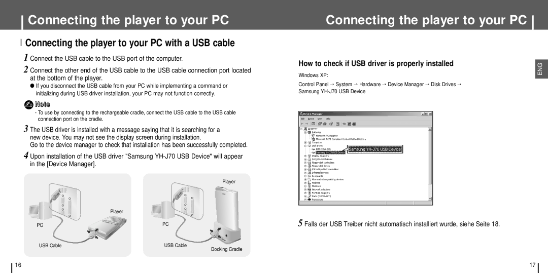 Samsung YH-J70LB/ELS Connecting the player to your PC with a USB cable, How to check if USB driver is properly installed 