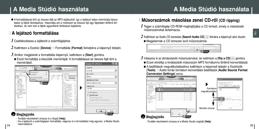 Samsung YH-J70SB/ELS Lejátszó formattálása, Mûsorszámok másolása zenei CD-rôl CD ripping, Feliratra a képernyô alsó részén 