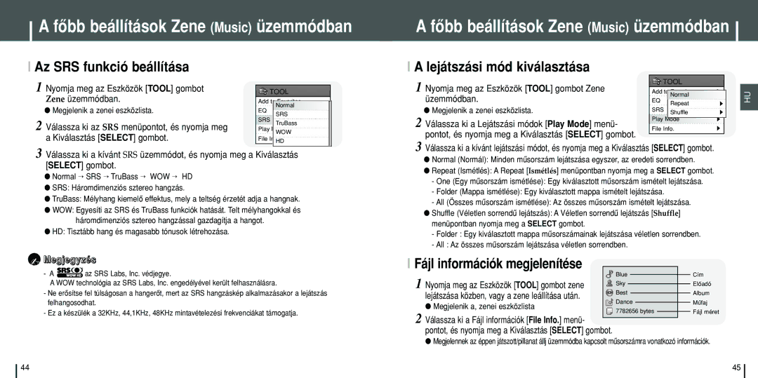 Samsung YH-J70SB/ELS manual Fôbb beállítások Zene Music üzemmódban, Az SRS funkció beállítása, Lejátszási mód kiválasztása 