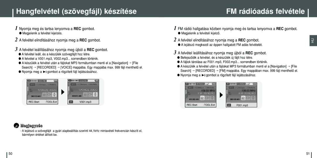 Samsung YH-J70SW/ELS, YH-J70SB/ELS manual Hangfelvétel szövegfájl készítése, FM rádióadás felvétele 