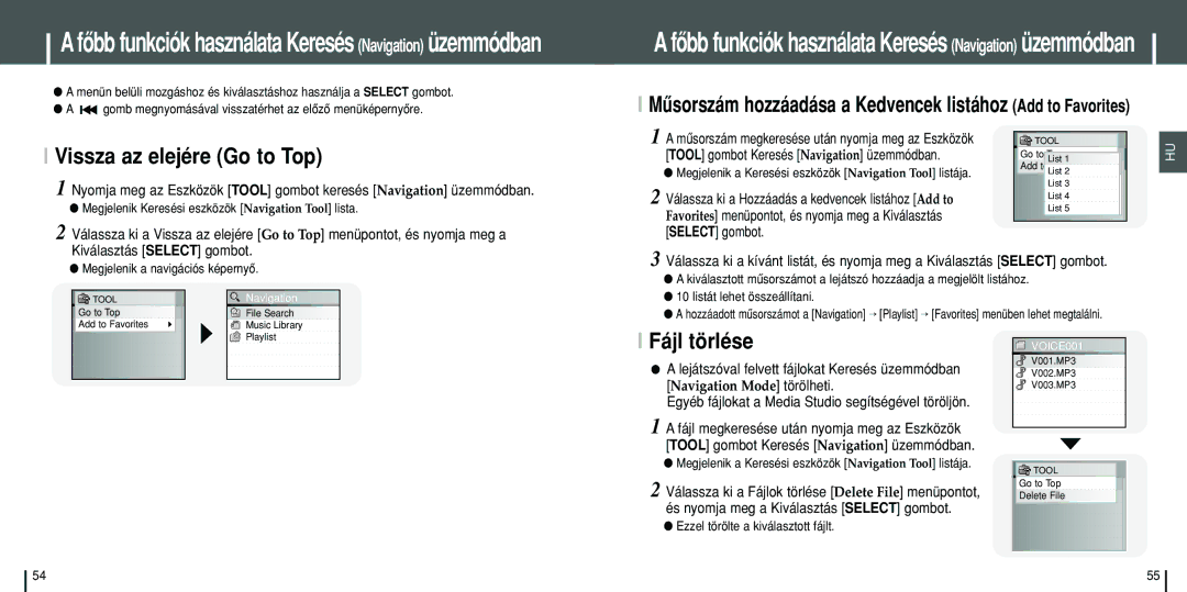 Samsung YH-J70SW/ELS manual Vissza az elejére Go to Top, Megjelenik a Keresési eszközök Navigation Tool listája, VOICE001 