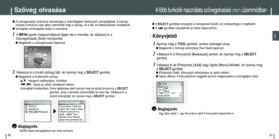 Samsung YH-J70SB/ELS, YH-J70SW/ELS manual Szöveg olvasása, Könyvjelzô, Szövegfájlt zenehallgatás közben is elolvashat 