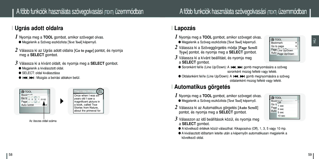 Samsung YH-J70SW/ELS, YH-J70SB/ELS manual Ugrás adott oldalra, Lapozás, Automatikus görgetés 