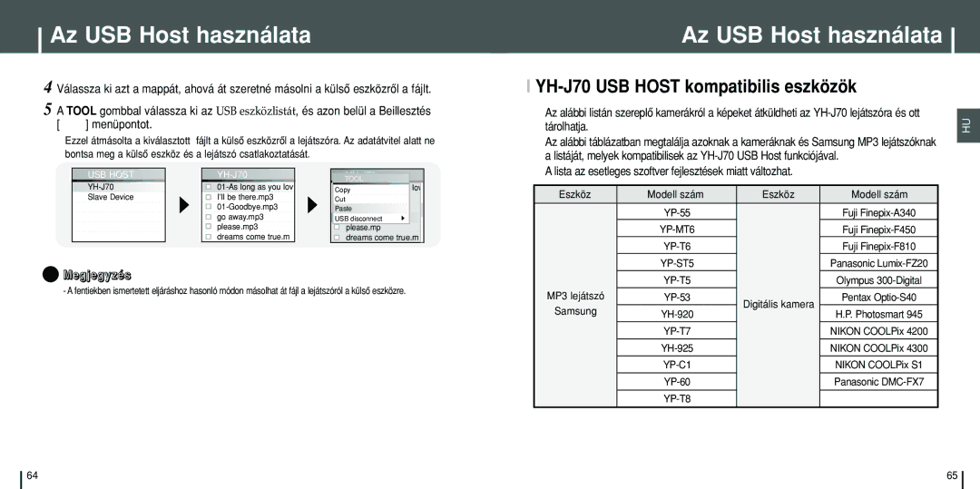 Samsung YH-J70SB/ELS manual YH-J70 USB Host kompatibilis eszközök, Lista az esetleges szoftver fejlesztések miatt változhat 