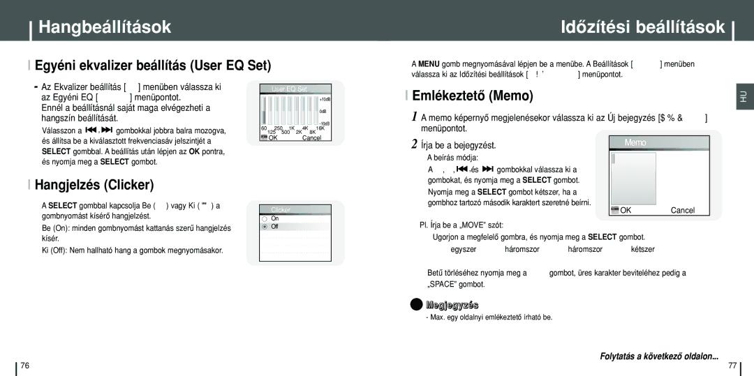 Samsung YH-J70SB/ELS, YH-J70SW/ELS manual Idôzítési beállítások, Egyéni ekvalizer beállítás User EQ Set, Hangjelzés Clicker 