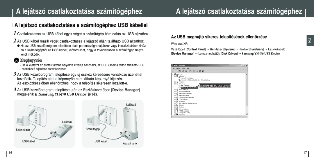 Samsung YH-J70SB/ELS, YH-J70SW/ELS manual Lejátszó csatlakoztatása a számítógéphez USB kábellel 