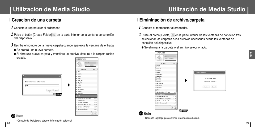 Samsung YH-J70SW/ELS manual Creación de una carpeta, Elmininación de archivo/carpeta 