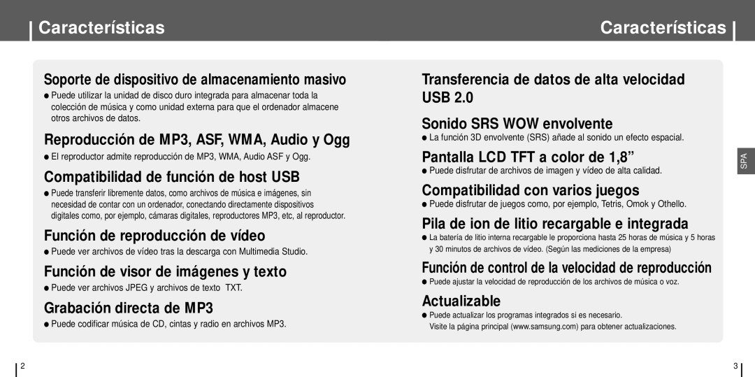 Samsung YH-J70SW/ELS manual Características, Puede ver archivos Jpeg y archivos de texto TXT 