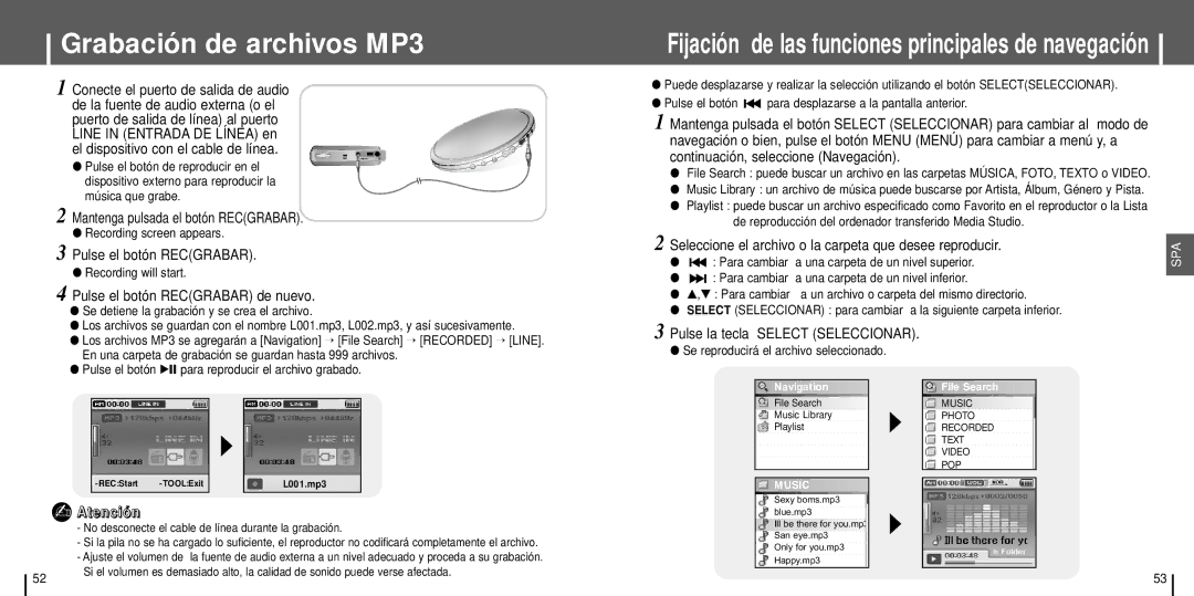 Samsung YH-J70SW/ELS Grabación de archivos MP3, Continuación, seleccione Navegación, Pulse la tecla Select Seleccionar 