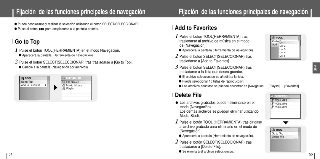 Samsung YH-J70SW/ELS manual Add to Favorites Go to Top, Delete File, Pulse el botón Toolherramienta en el modo Navegación 