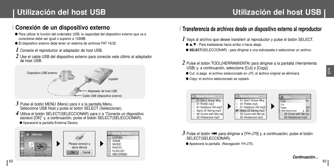 Samsung YH-J70SW/ELS manual Utilización del host USB, Conexión de un dispositivo externo 