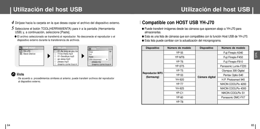 Samsung YH-J70SW/ELS manual Compatible con Host USB YH-J70, USB Host 