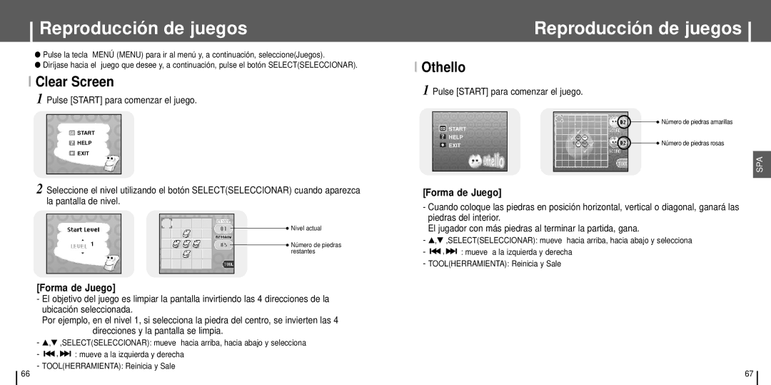 Samsung YH-J70SW/ELS manual Reproducción de juegos, Clear Screen, Othello, Pulse Start para comenzar el juego 